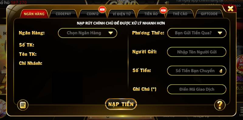 Nạp tiền qua ngân hàng tại cổng game đổi thưởng Go88